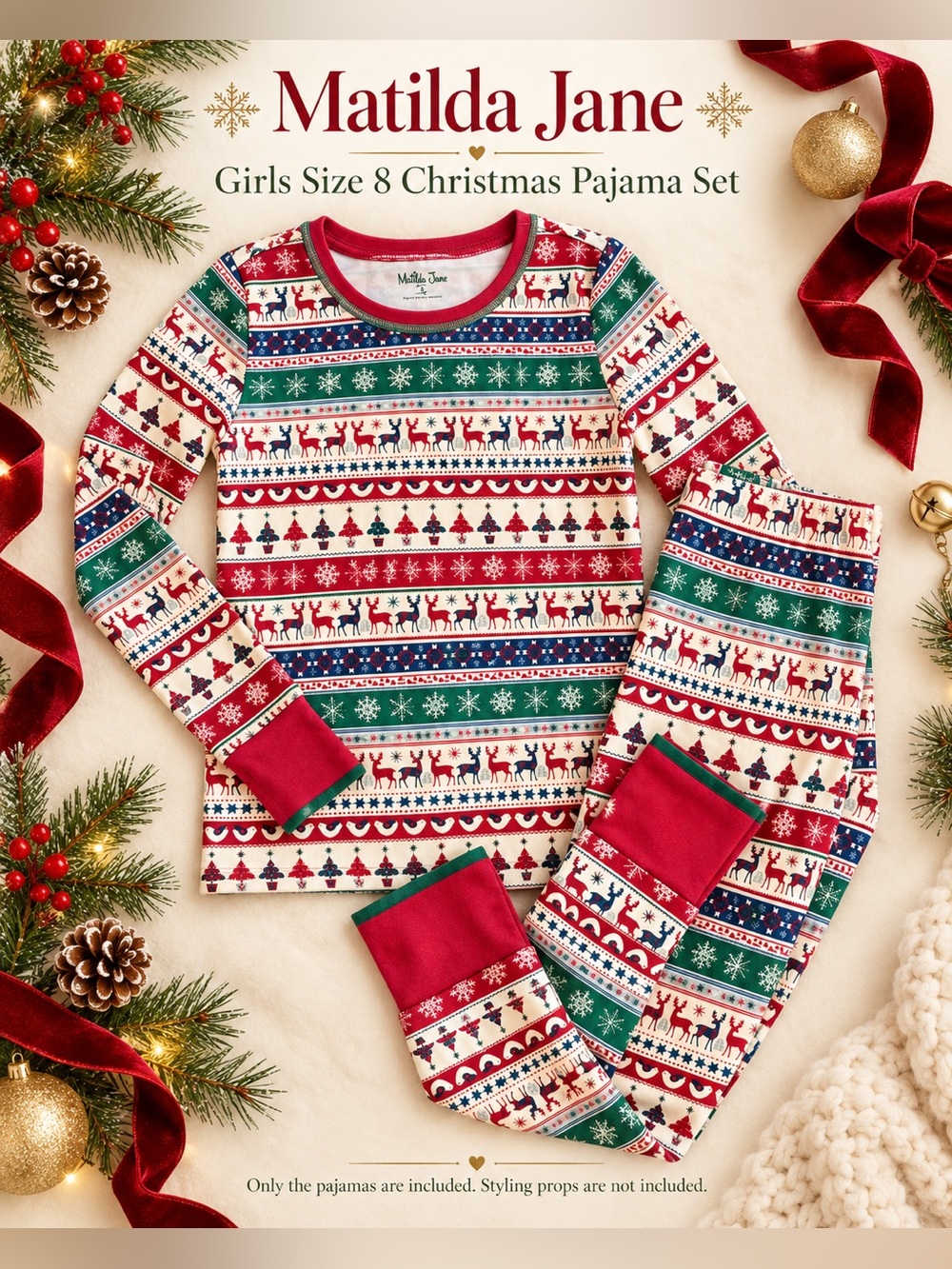 Matilda Jane Girls Size 8 Christmas Pajama Set Fair Isle Reindeer Holiday PJs